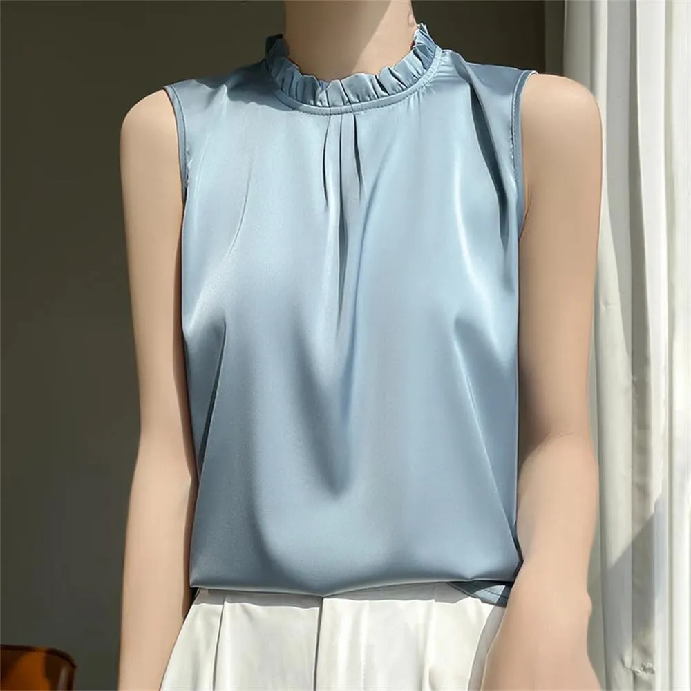 Women's Summer Casual Silk T-Shirt Vest Loose Solid Frill Collar Satin Camisole Tops