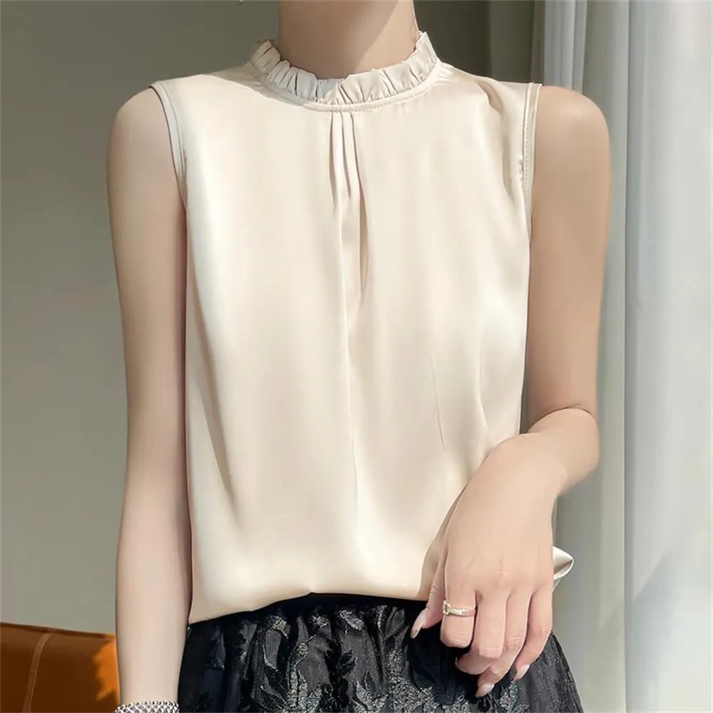 Women's Summer Casual Silk T-Shirt Vest Loose Solid Frill Collar Satin Camisole Tops