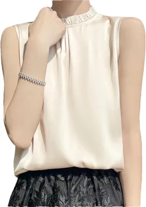 Women's Summer Casual Silk T-Shirt Vest Loose Solid Frill Collar Satin Camisole Tops