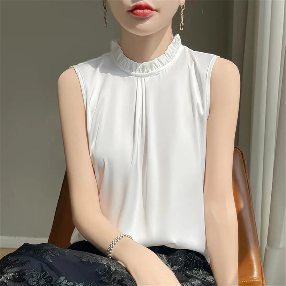 Women's Summer Casual Silk T-Shirt Vest Loose Solid Frill Collar Satin Camisole Tops