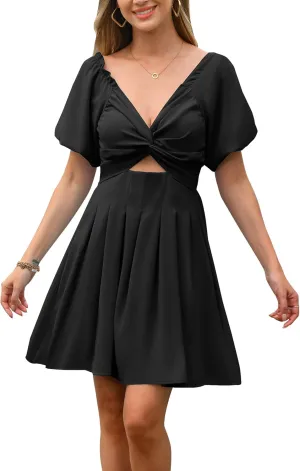 Women's Summer Puff Sleeve Short Dress High Waist Casual A-Line Dress Off Shoulder Knot Front Hollow Out Mini Dresses