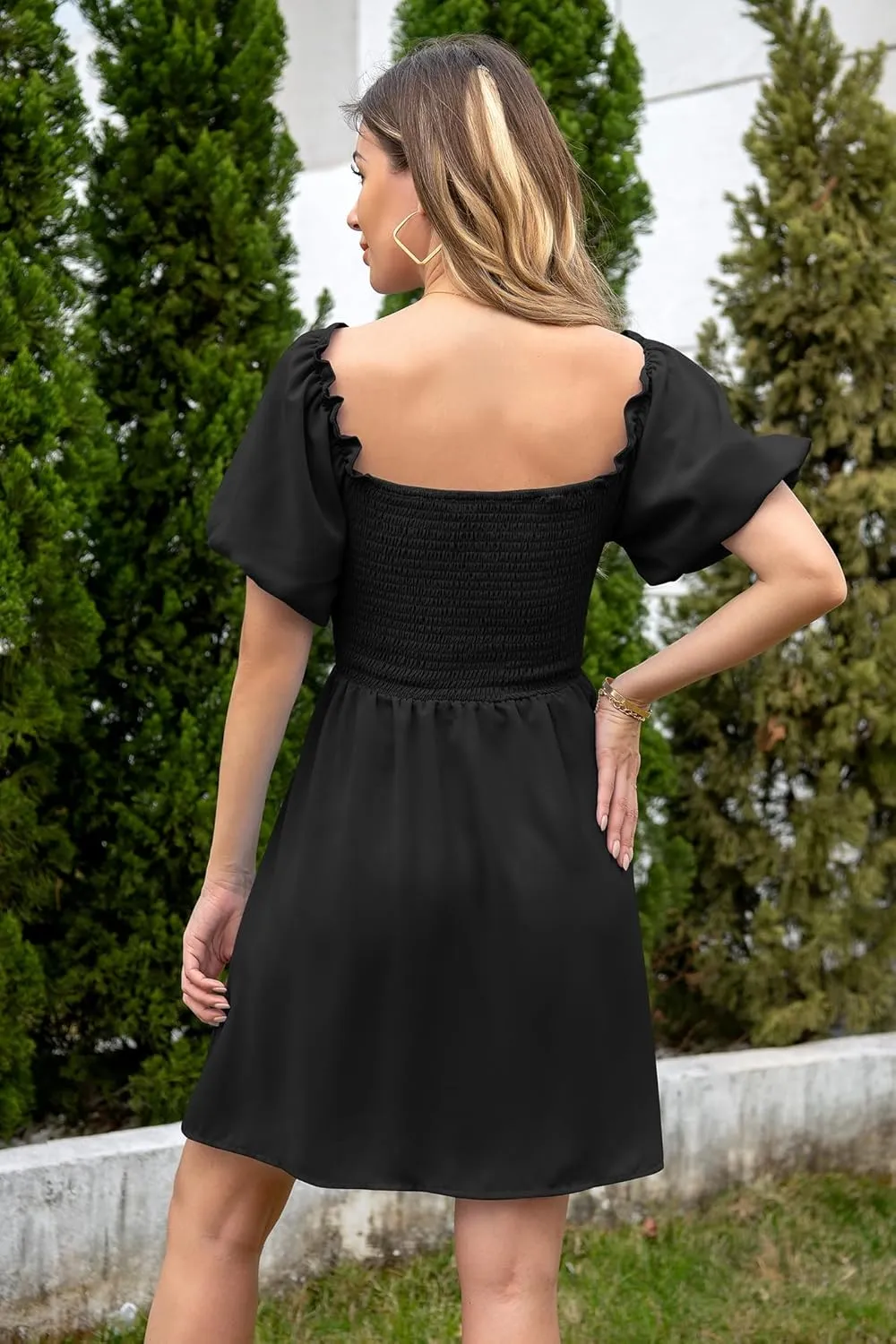 Women's Summer Puff Sleeve Short Dress High Waist Casual A-Line Dress Off Shoulder Knot Front Hollow Out Mini Dresses