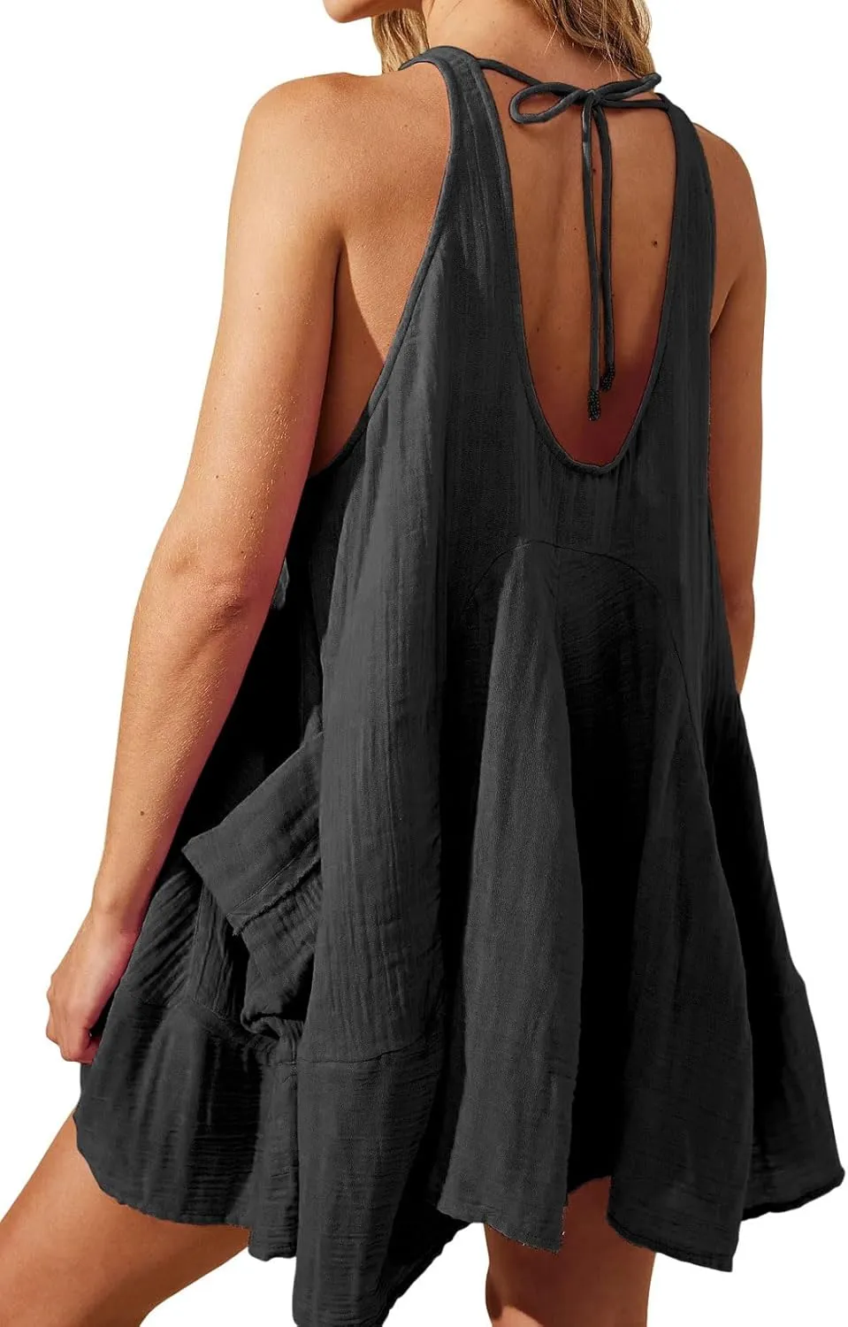 Womens Summer Sleeveless Mini Dress U Neck Backless Flowy Short Dress Casual Beach Sundress with Pockets