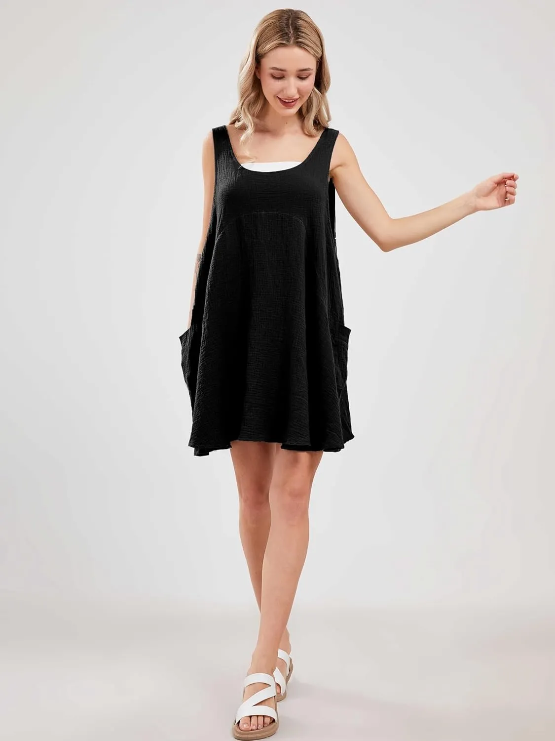 Womens Summer Sleeveless Mini Dress U Neck Backless Flowy Short Dress Casual Beach Sundress with Pockets