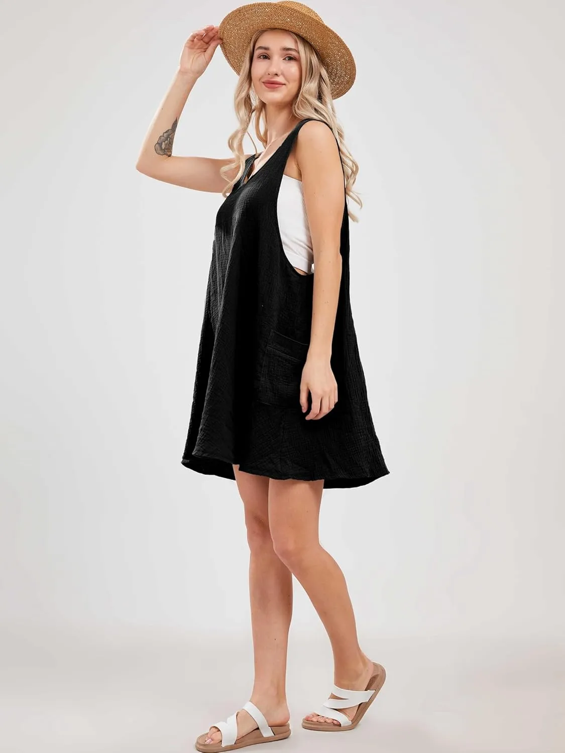 Womens Summer Sleeveless Mini Dress U Neck Backless Flowy Short Dress Casual Beach Sundress with Pockets