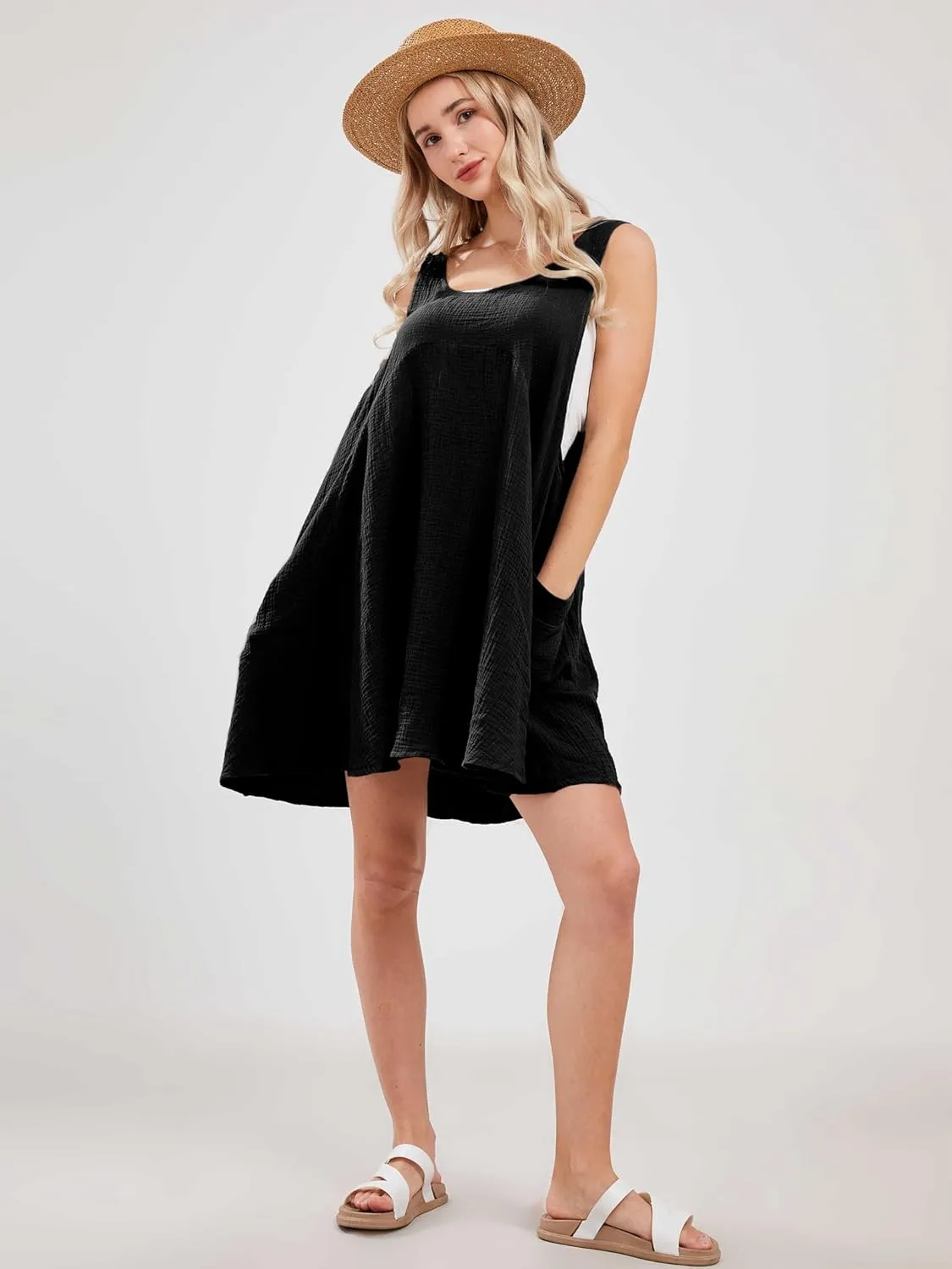 Womens Summer Sleeveless Mini Dress U Neck Backless Flowy Short Dress Casual Beach Sundress with Pockets