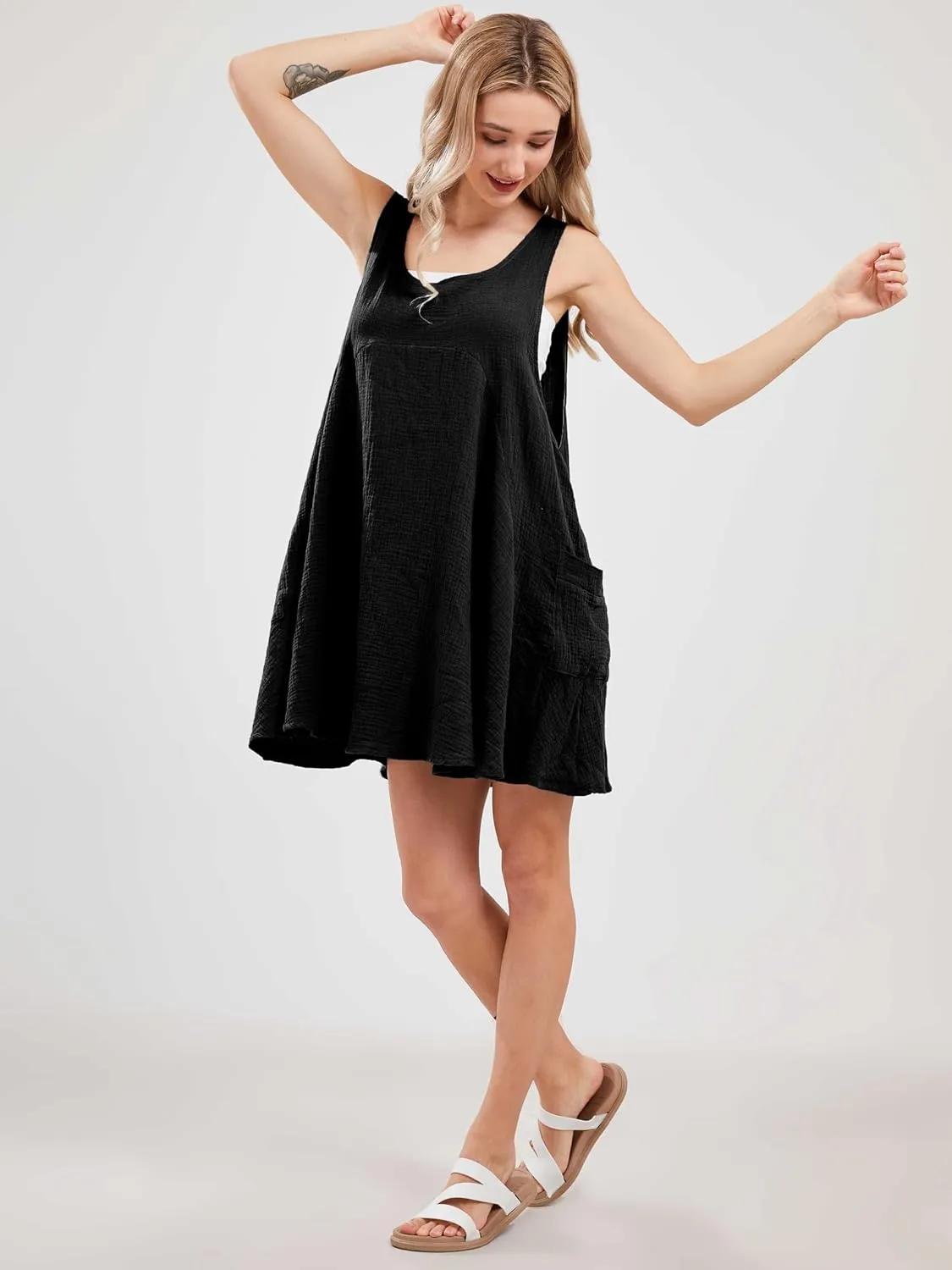 Womens Summer Sleeveless Mini Dress U Neck Backless Flowy Short Dress Casual Beach Sundress with Pockets