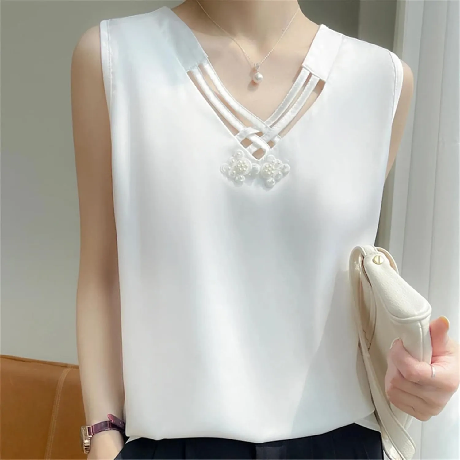 Women's Summer Sleeveless Satin V-Neck Top  Knot Strap Sexy Fitted Camisole Solid Color Underlay Vest