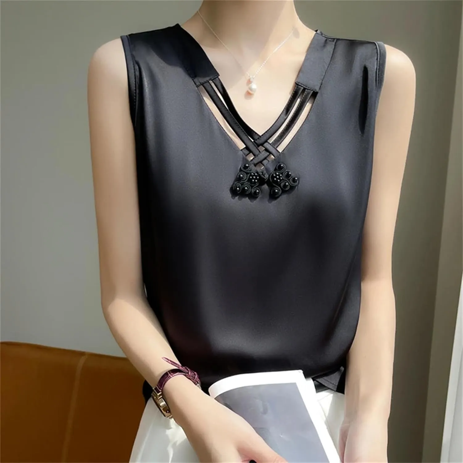 Women's Summer Sleeveless Satin V-Neck Top  Knot Strap Sexy Fitted Camisole Solid Color Underlay Vest