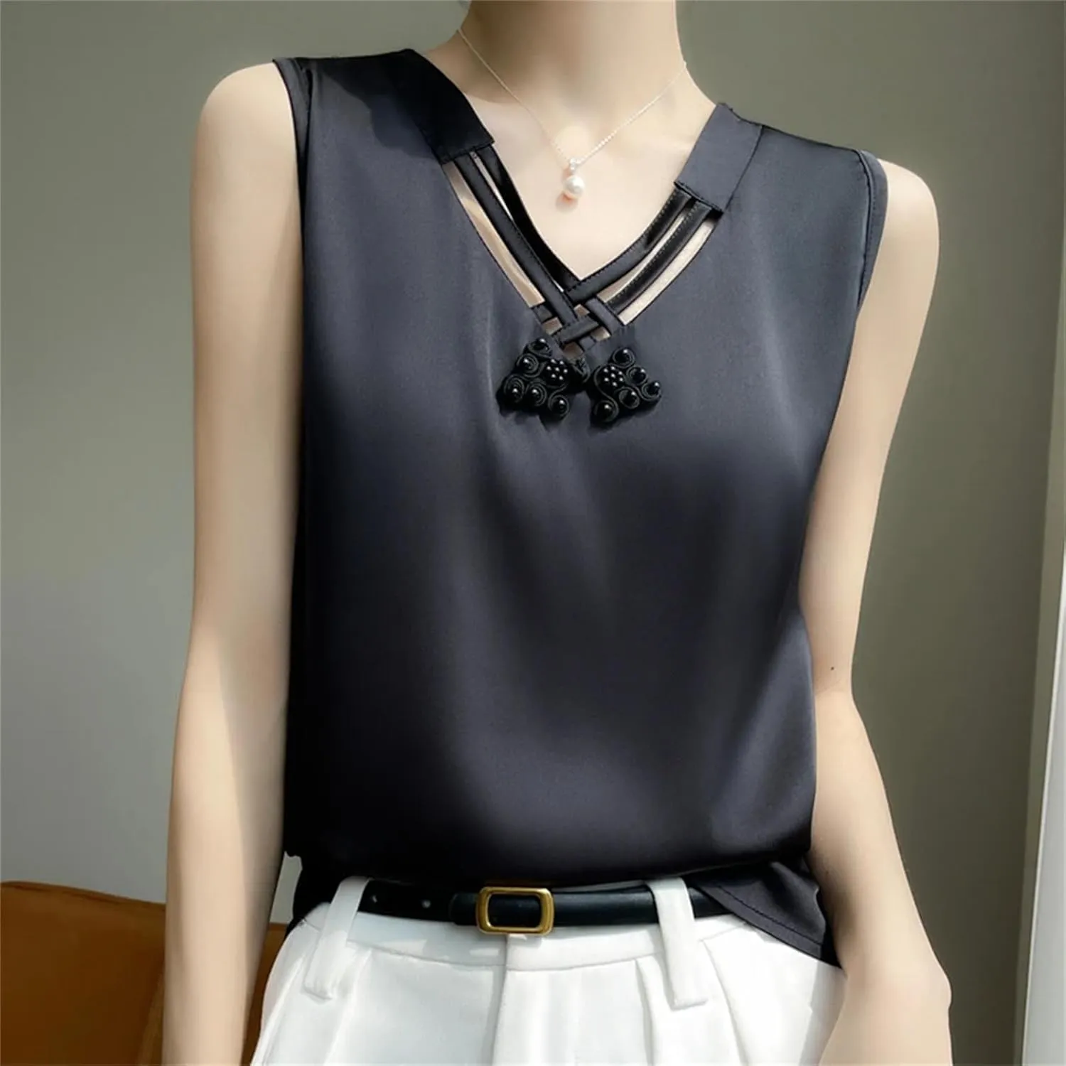 Women's Summer Sleeveless Satin V-Neck Top  Knot Strap Sexy Fitted Camisole Solid Color Underlay Vest