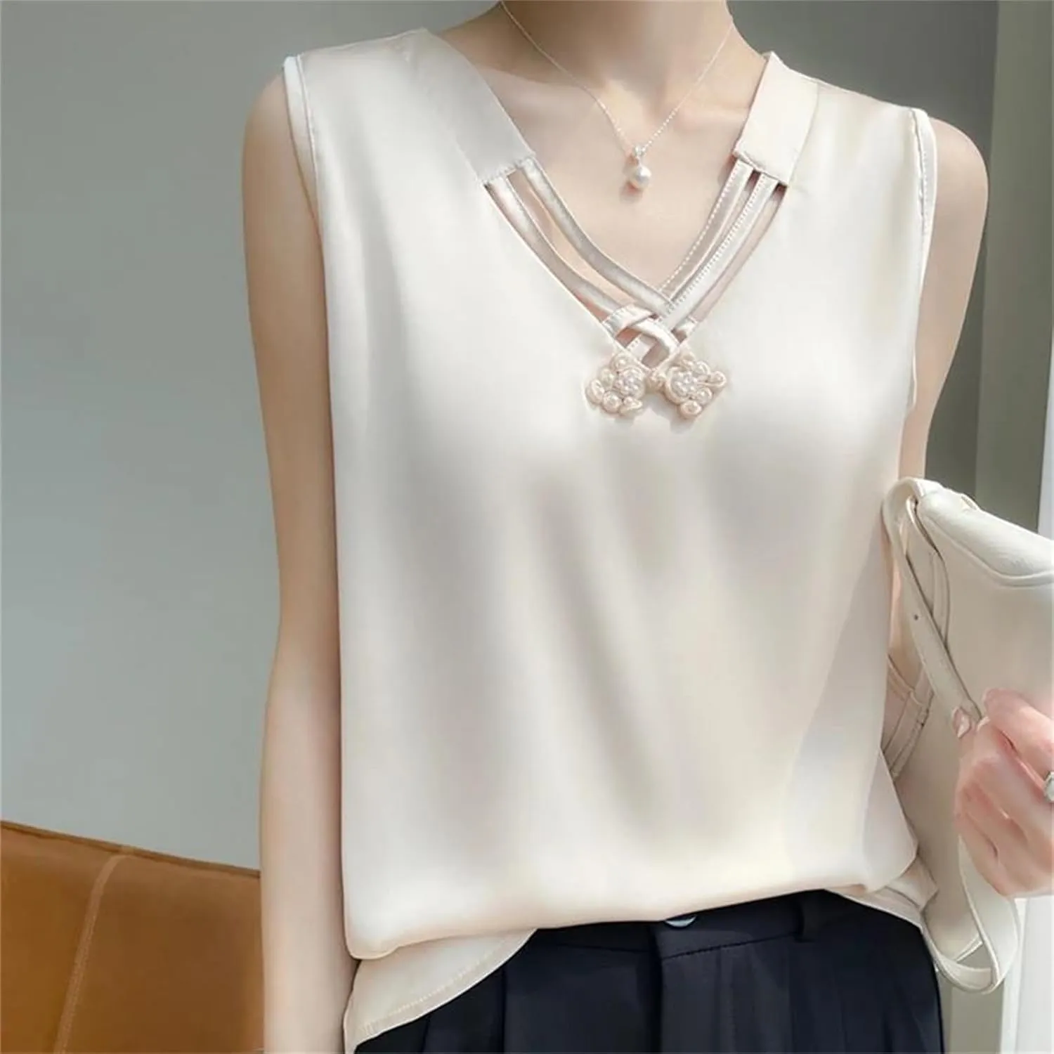 Women's Summer Sleeveless Satin V-Neck Top  Knot Strap Sexy Fitted Camisole Solid Color Underlay Vest