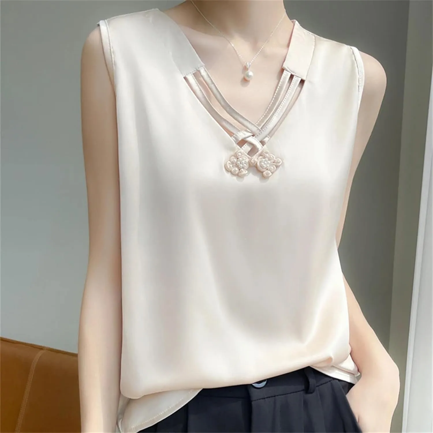 Women's Summer Sleeveless Satin V-Neck Top  Knot Strap Sexy Fitted Camisole Solid Color Underlay Vest
