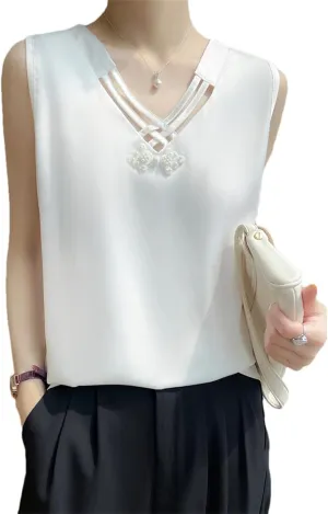 Women's Summer Sleeveless Satin V-Neck Top  Knot Strap Sexy Fitted Camisole Solid Color Underlay Vest