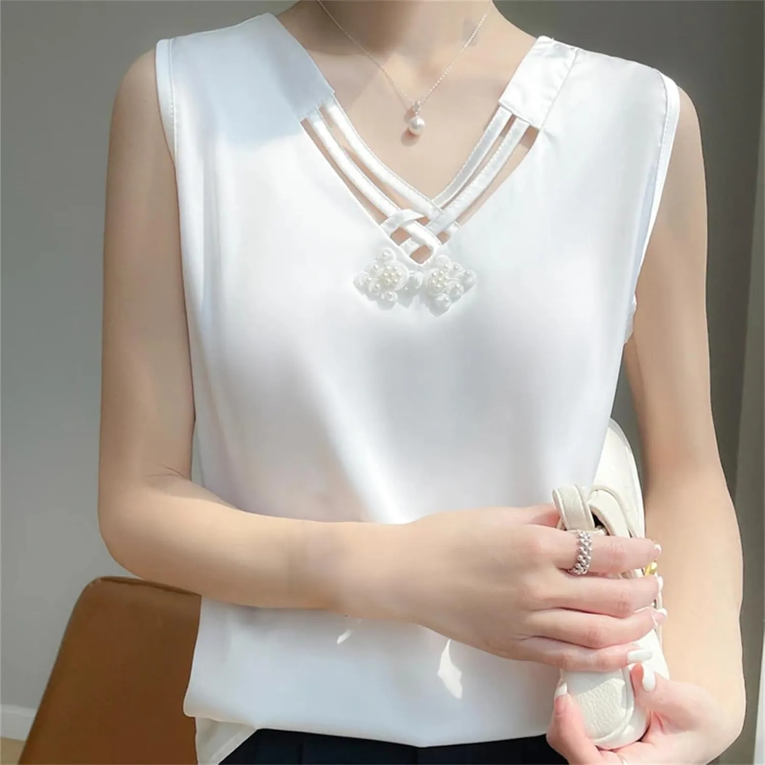 Women's Summer Sleeveless Satin V-Neck Top  Knot Strap Sexy Fitted Camisole Solid Color Underlay Vest