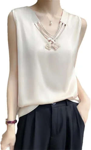 Women's Summer Sleeveless Satin V-Neck Top  Knot Strap Sexy Fitted Camisole Solid Color Underlay Vest