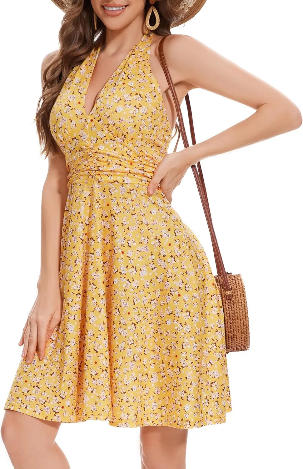 Women's Summer Sundress- 2025 Sexy Halter Sleeveless Spring Boho Elastic Waist Ruffle Mini Dress