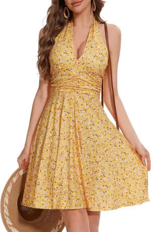 Women's Summer Sundress- 2025 Sexy Halter Sleeveless Spring Boho Elastic Waist Ruffle Mini Dress