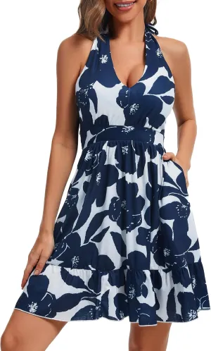 Women's Summer Sundress Sexy Halter V Neck Sleeveless Floral Ruffle Hem Boho Sun Dresses for Women Spring Mini Dress
