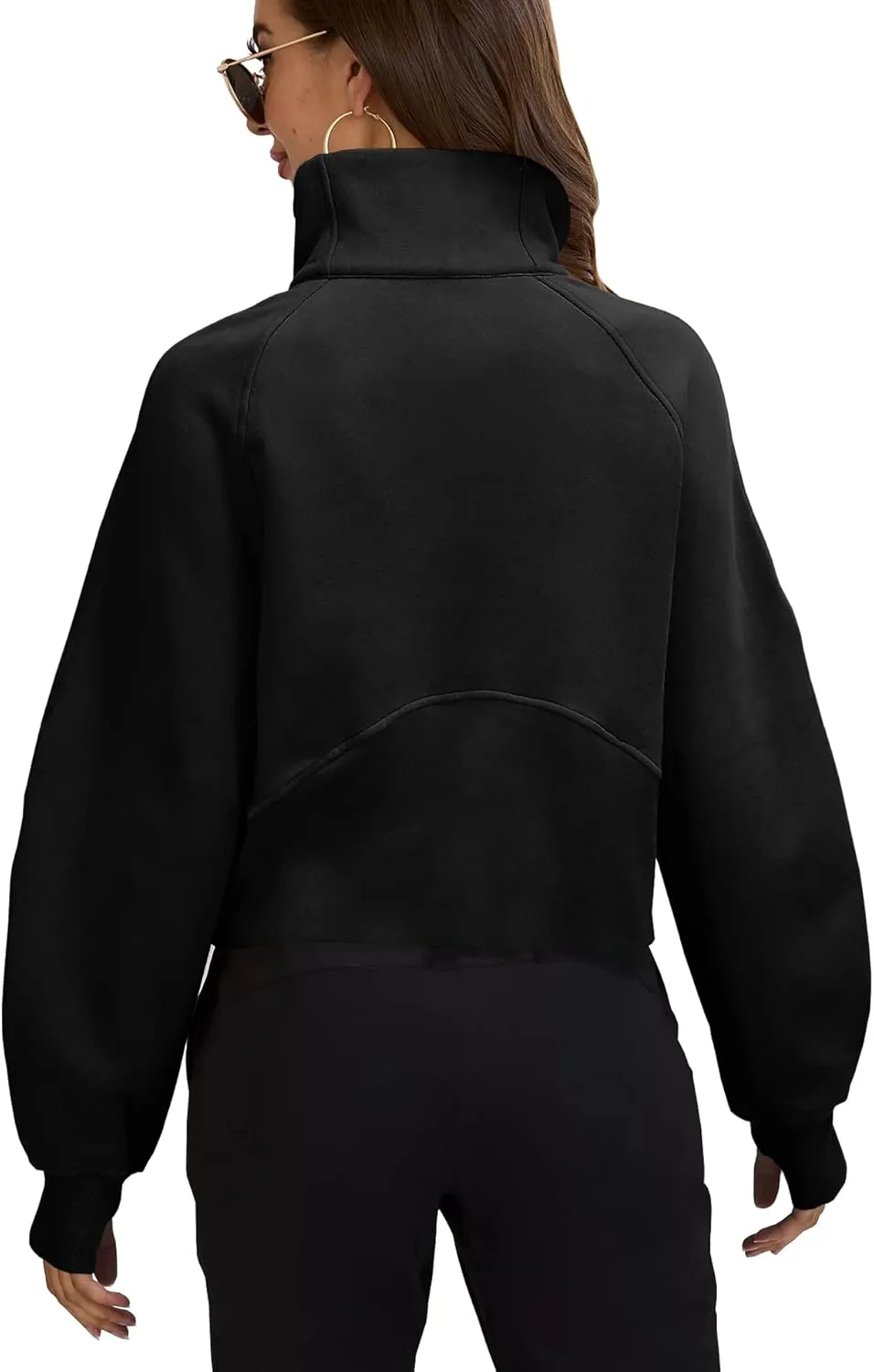 Womens Sweatshirts Half Zipper Crop Pullover Funnel Neck Fleece Lined Zip Up Long Sleeve Tops Thumb Hole