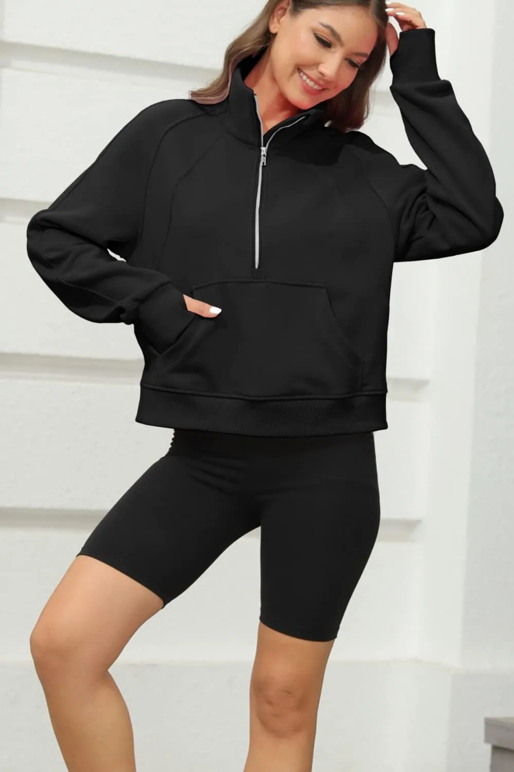 Womens Sweatshirts Half Zipper Crop Pullover Funnel Neck Fleece Lined Zip Up Long Sleeve Tops Thumb Hole