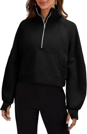 Womens Sweatshirts Half Zipper Crop Pullover Funnel Neck Fleece Lined Zip Up Long Sleeve Tops Thumb Hole