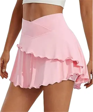 Womens Tennis Skirt Crossover Ruffle Workout Golf Skorts Skirts UPF 50  Solid Lightweight Athletic Skirt with Pocket