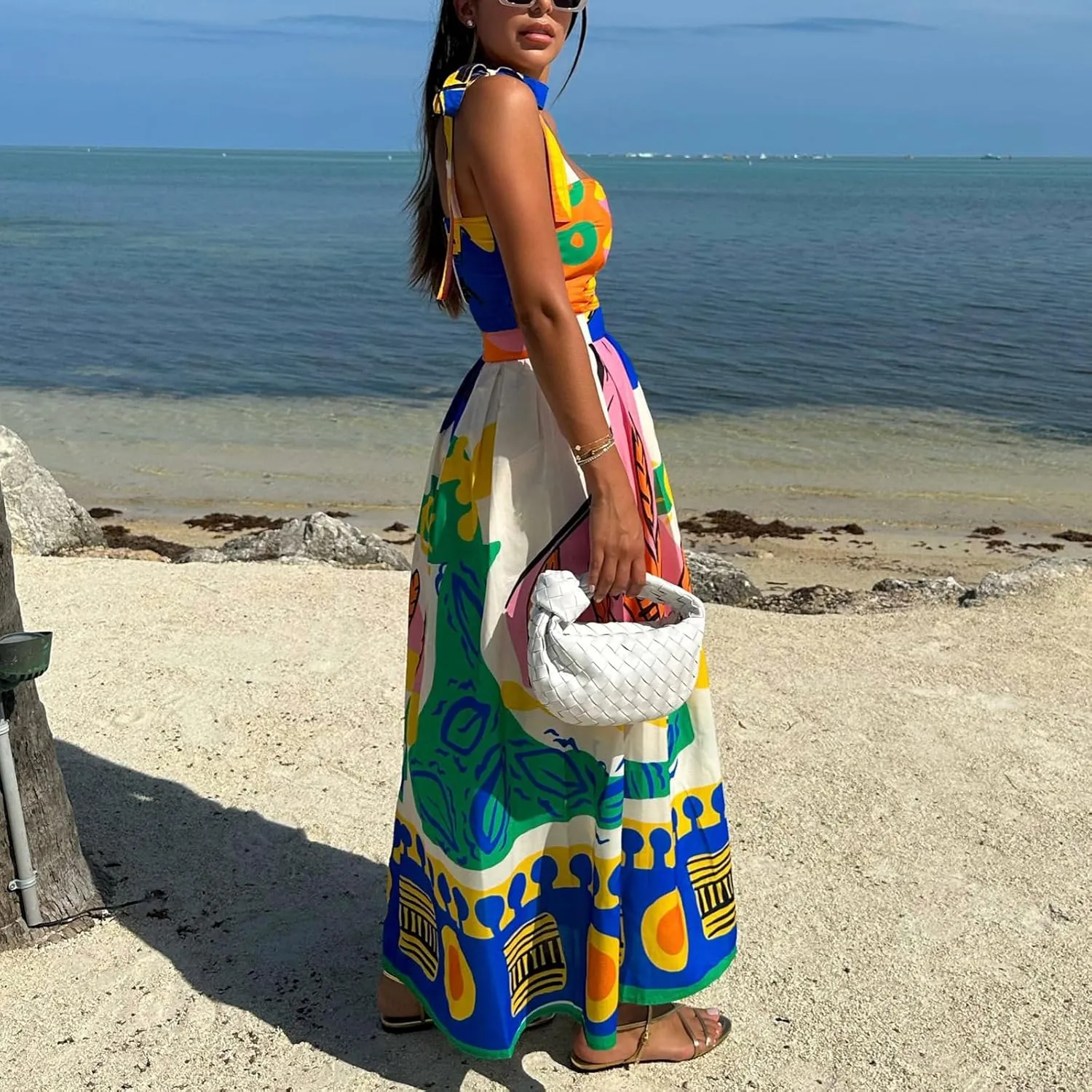 Womens Tie Shoulder Floral Boho Maxi Dress Sleeveless Flowy Tiered A Line Long Sundress Going Out Flower Beach Dress