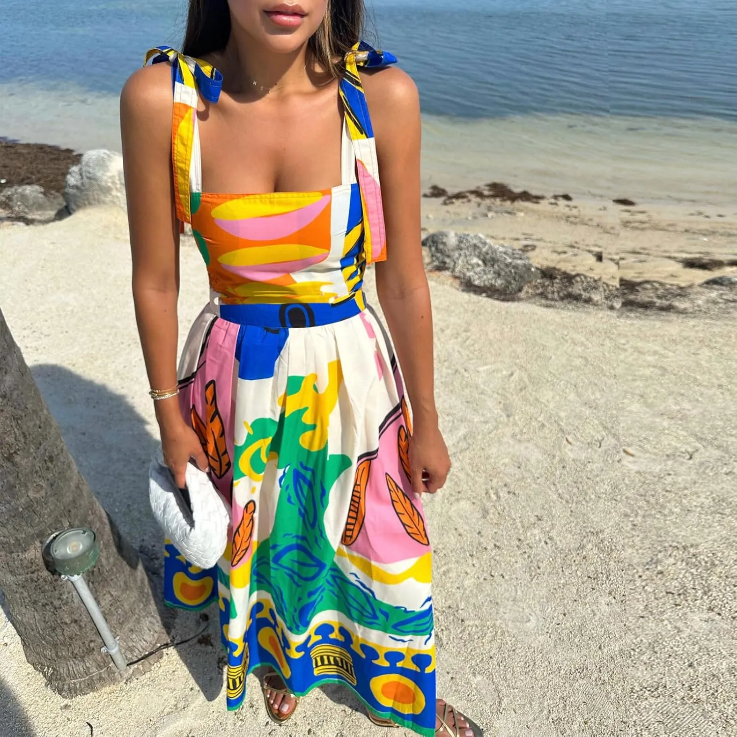 Womens Tie Shoulder Floral Boho Maxi Dress Sleeveless Flowy Tiered A Line Long Sundress Going Out Flower Beach Dress