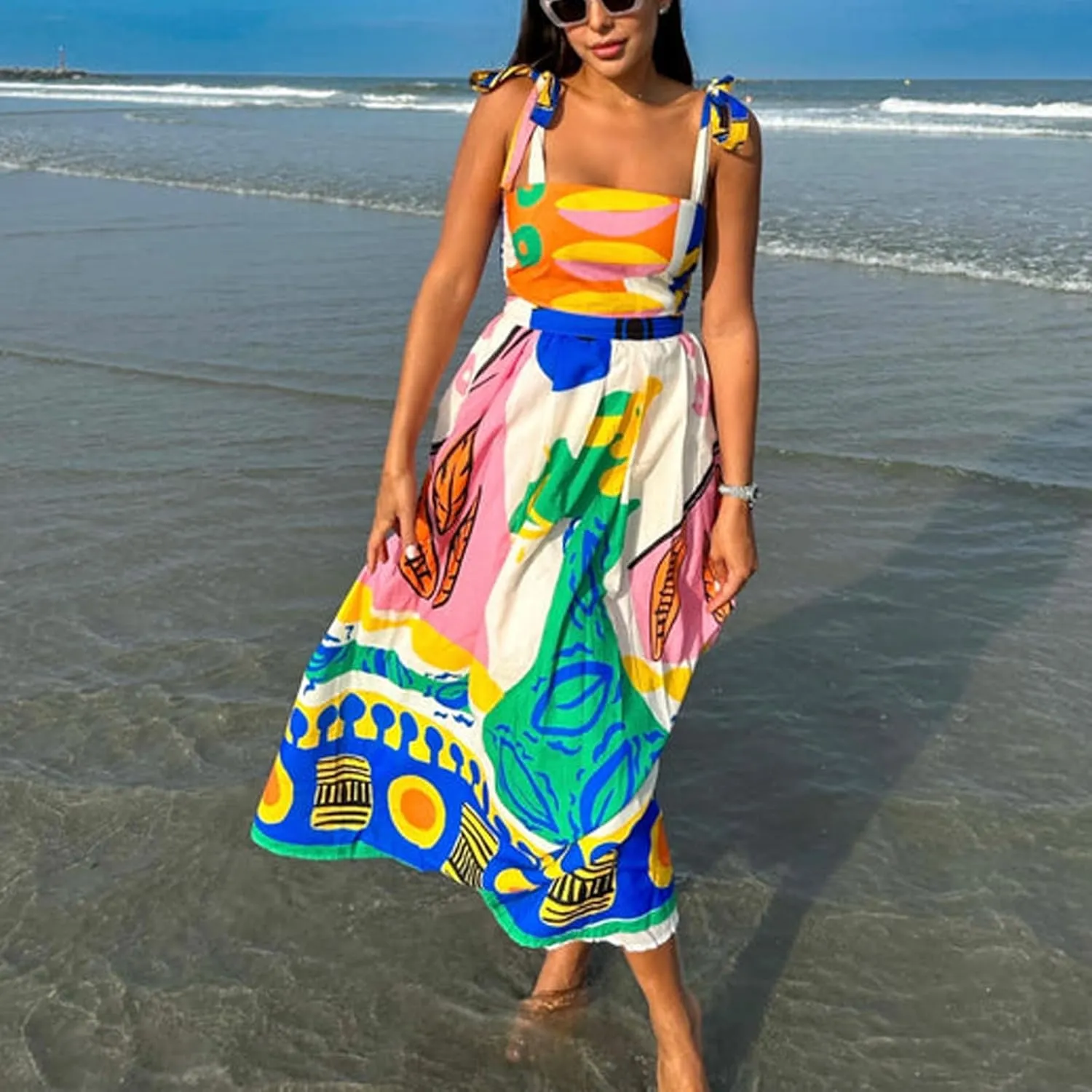 Womens Tie Shoulder Floral Boho Maxi Dress Sleeveless Flowy Tiered A Line Long Sundress Going Out Flower Beach Dress