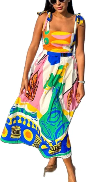 Womens Tie Shoulder Floral Boho Maxi Dress Sleeveless Flowy Tiered A Line Long Sundress Going Out Flower Beach Dress