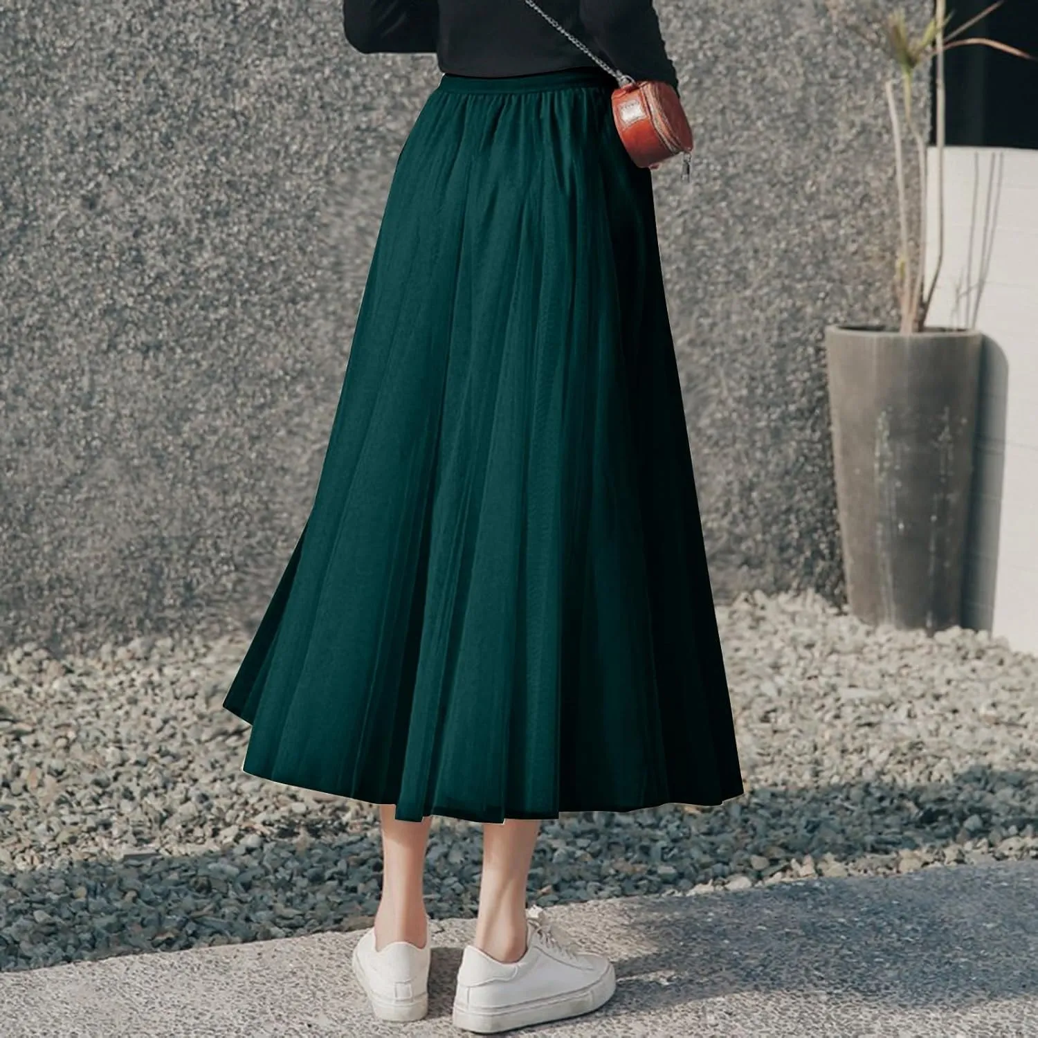 Women's Tulle Maxi Skirts Summer Party Solid Beach Elastic High Waist Pleated A-Line Flowy Swing Long Maxi Skirts