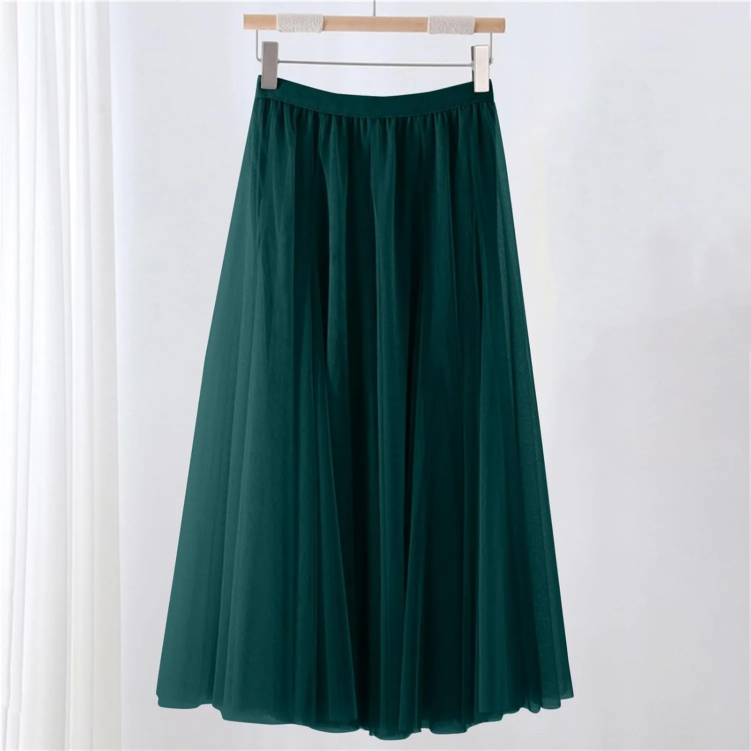Women's Tulle Maxi Skirts Summer Party Solid Beach Elastic High Waist Pleated A-Line Flowy Swing Long Maxi Skirts