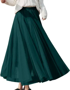 Women's Tulle Maxi Skirts Summer Party Solid Beach Elastic High Waist Pleated A-Line Flowy Swing Long Maxi Skirts