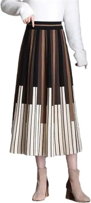 Women's Woolen Slim Skirt High Waist Stripe Loose Office Knitted Pleated A-Line Skirt