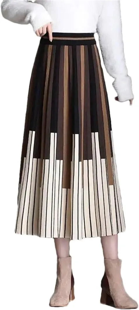 Women's Woolen Slim Skirt High Waist Stripe Loose Office Knitted Pleated A-Line Skirt