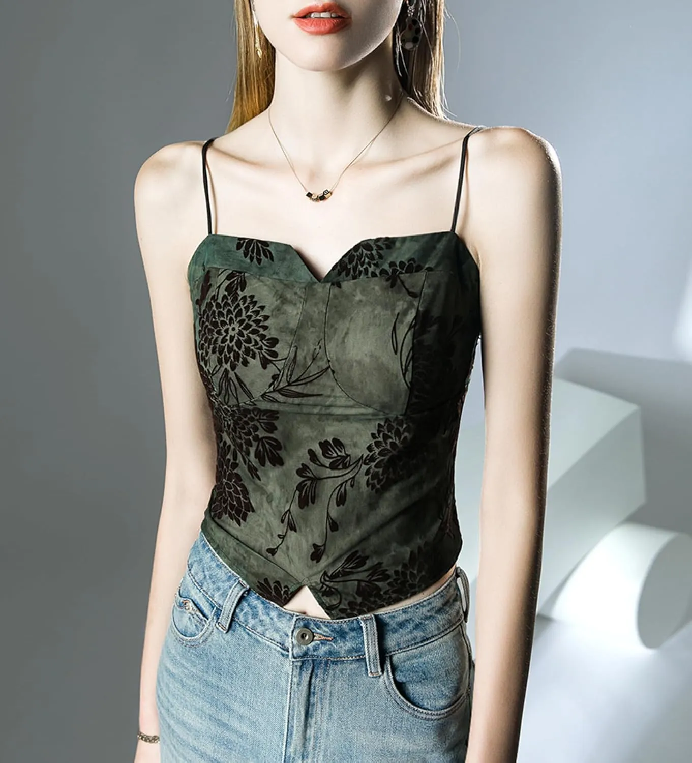 Women's Wrap Spaghetti Strap Cami V Neck Sleeveless Camisole Top Print Super Short Style Top