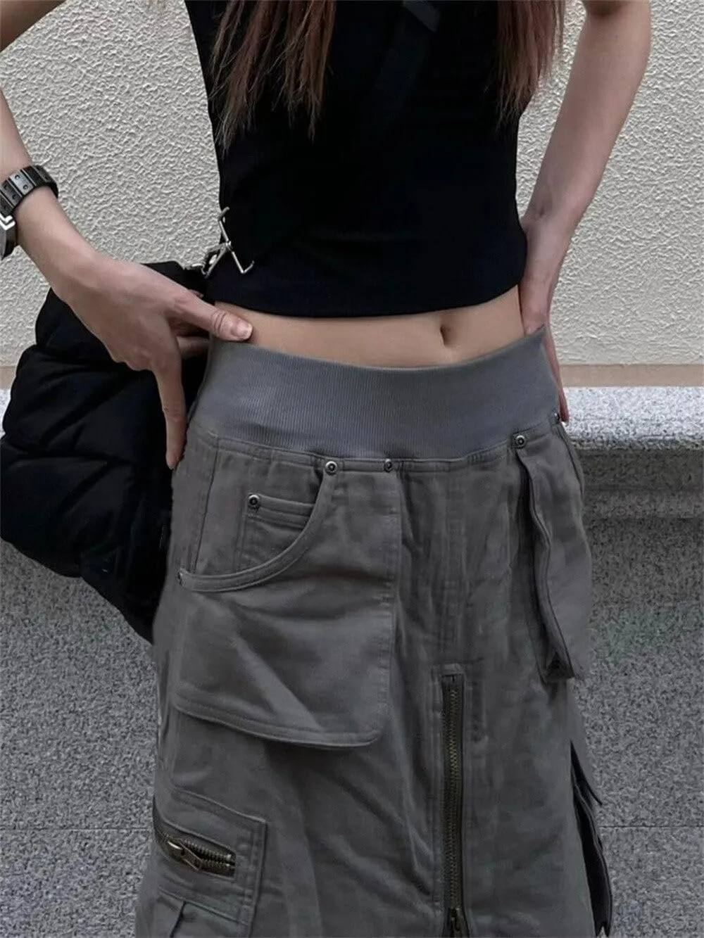 Women's Y2K Cargo Skirts A-line Maxi Low Elastic Waist Vintage Skirts with Flap Pockets Streetwear