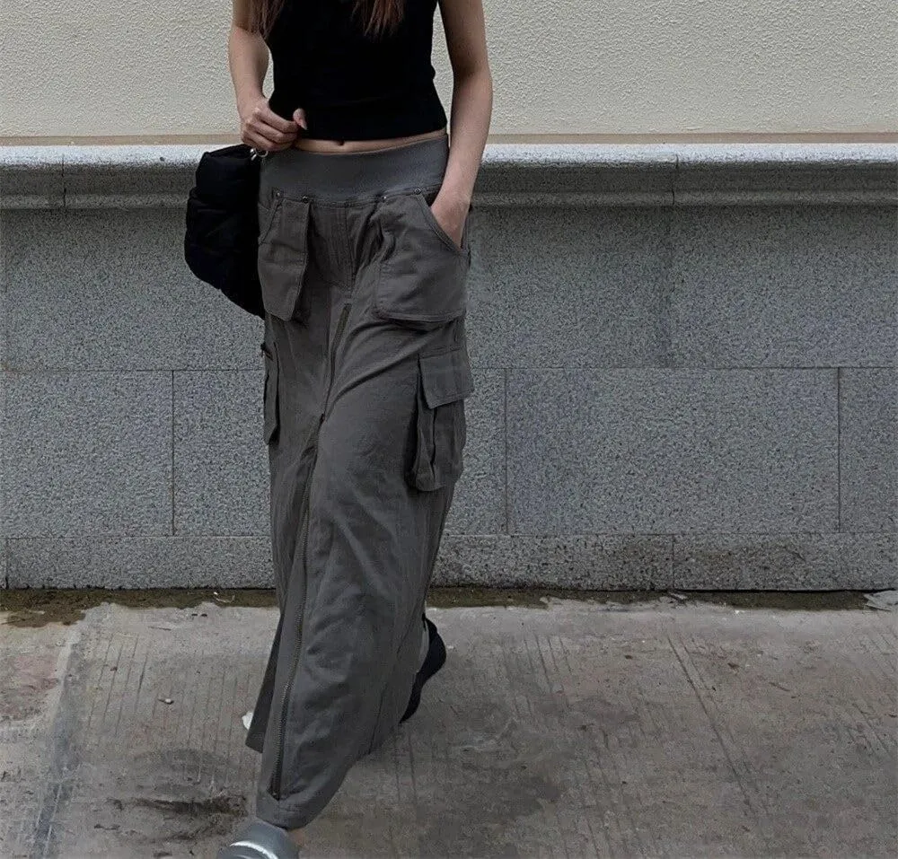 Women's Y2K Cargo Skirts A-line Maxi Low Elastic Waist Vintage Skirts with Flap Pockets Streetwear