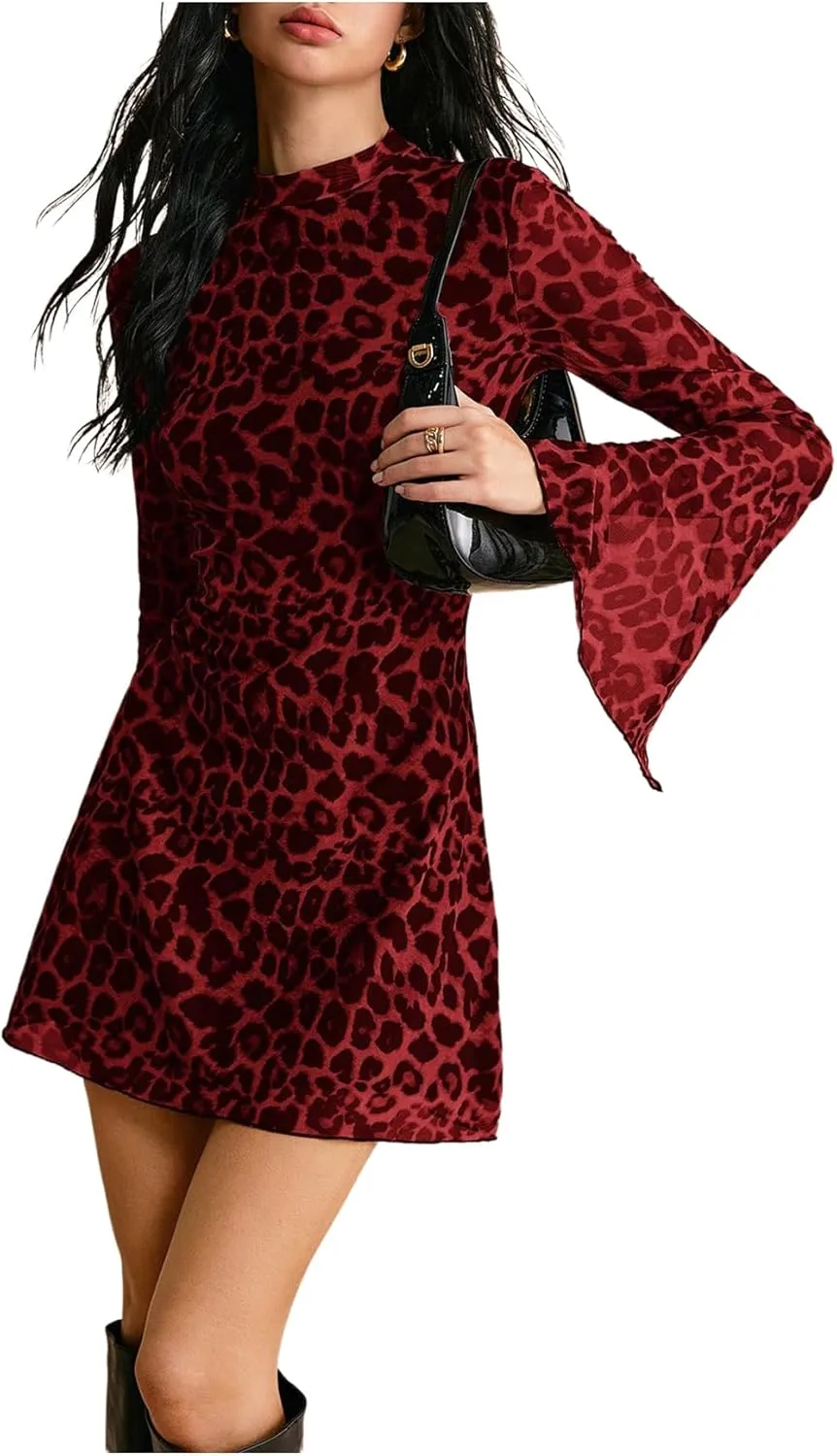 Women's Y2k Leopard Print Sheer Mesh Mini Dress Bell Long Sleeve Short Dresses