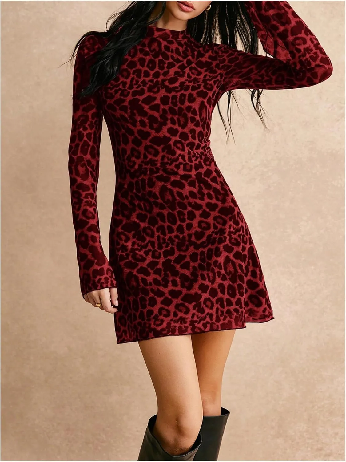 Women's Y2k Leopard Print Sheer Mesh Mini Dress Bell Long Sleeve Short Dresses