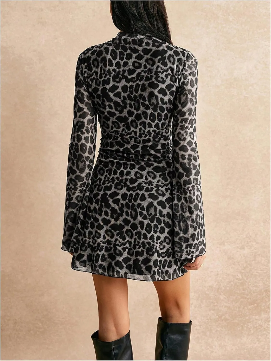 Women's Y2k Leopard Print Sheer Mesh Mini Dress Bell Long Sleeve Short Dresses