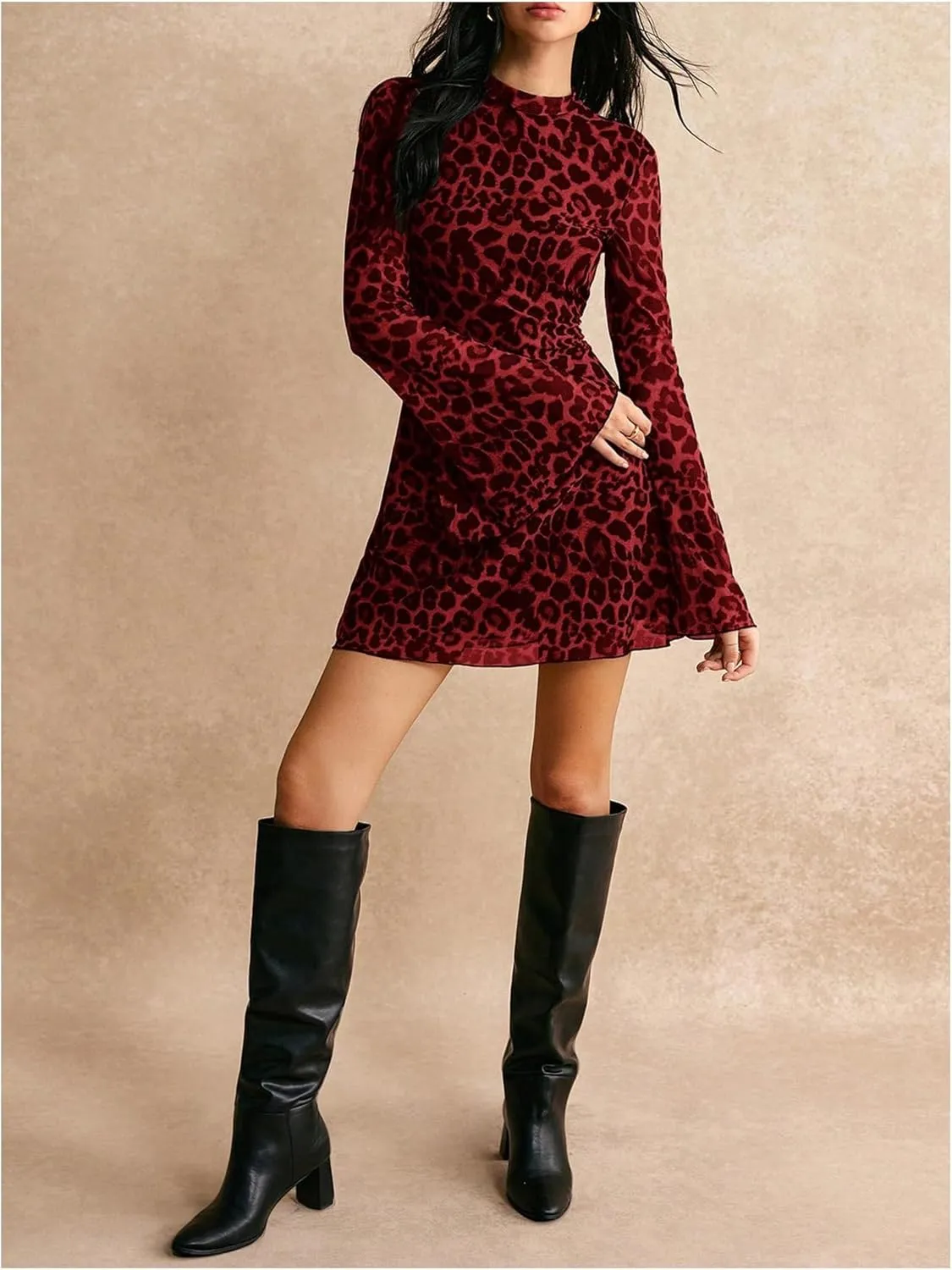 Women's Y2k Leopard Print Sheer Mesh Mini Dress Bell Long Sleeve Short Dresses