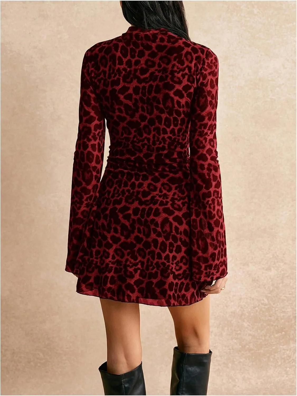 Women's Y2k Leopard Print Sheer Mesh Mini Dress Bell Long Sleeve Short Dresses