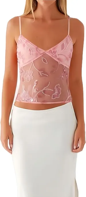 Womens Y2k Sequin Sparkle Crop Tops Sexy Sheer Glitter Backless Top Beaded Mesh Panelled See Through Rhinestone Camisole