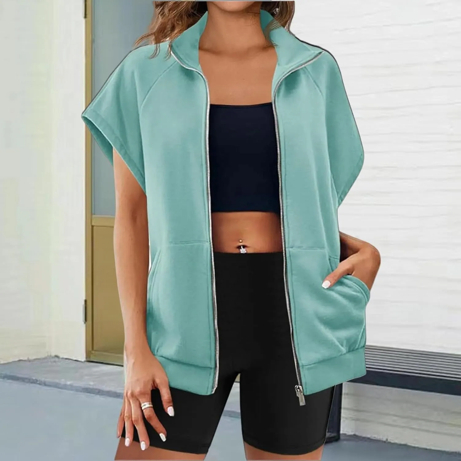 Womens Zip Up Sweatshirts Oversized Lapel Casual Vest Tops Summer Sleeveless Jackets Fashion Clothes with Pockets
