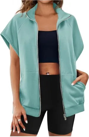 Womens Zip Up Sweatshirts Oversized Lapel Casual Vest Tops Summer Sleeveless Jackets Fashion Clothes with Pockets
