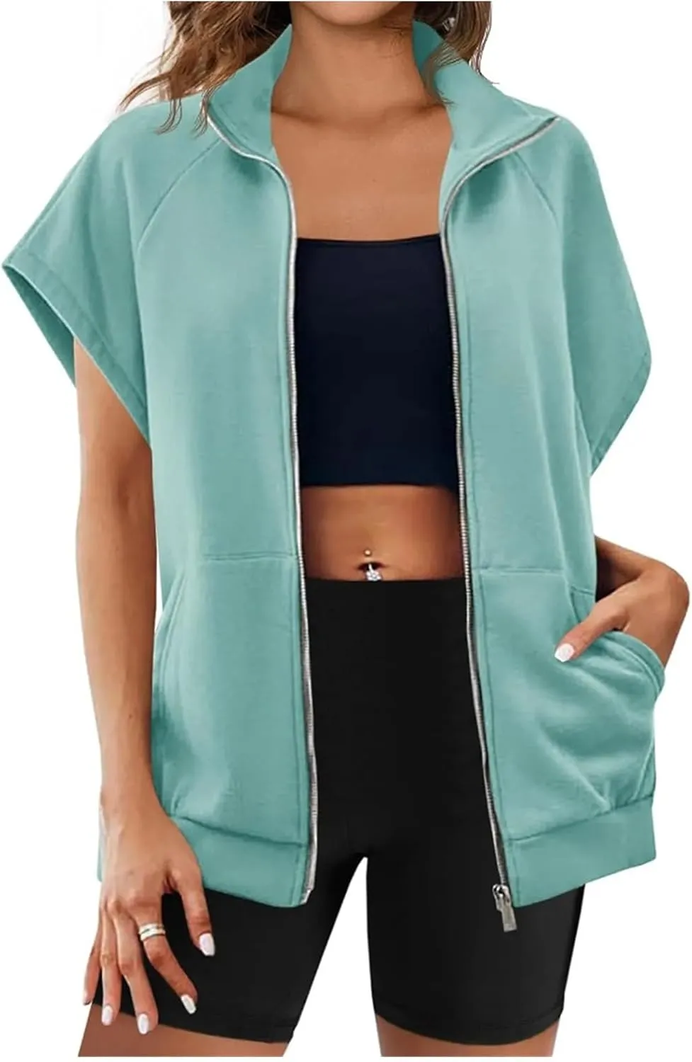 Womens Zip Up Sweatshirts Oversized Lapel Casual Vest Tops Summer Sleeveless Jackets Fashion Clothes with Pockets