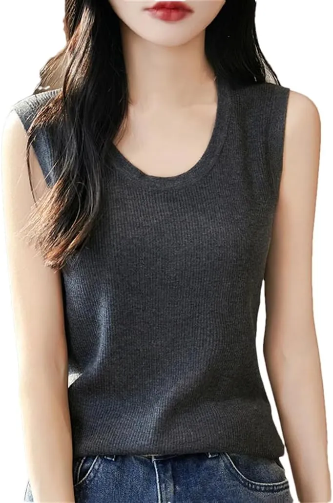 Wool Sleeveless Knitted Camisole Vest for Women Round Neck Inner Top Thin Pullover