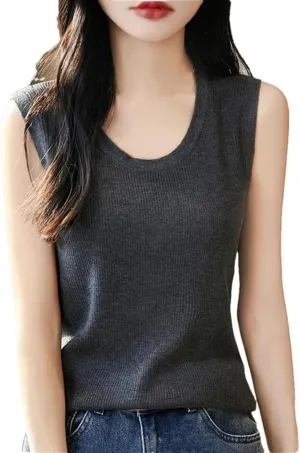 Wool Sleeveless Knitted Camisole Vest for Women Round Neck Inner Top Thin Pullover
