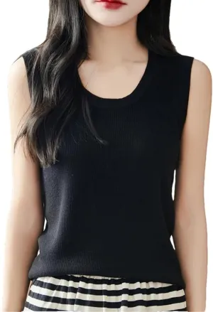 Wool Sleeveless Knitted Camisole Vest for Women Round Neck Inner Top Thin Pullover